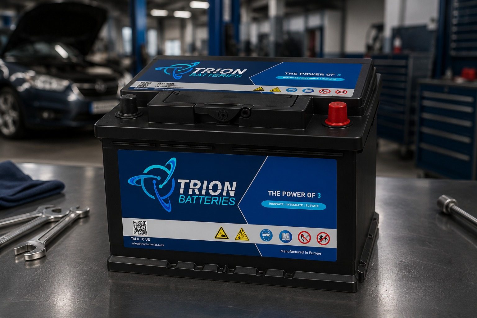 Trion Blue automotive battery with blue top casing and Trion branding